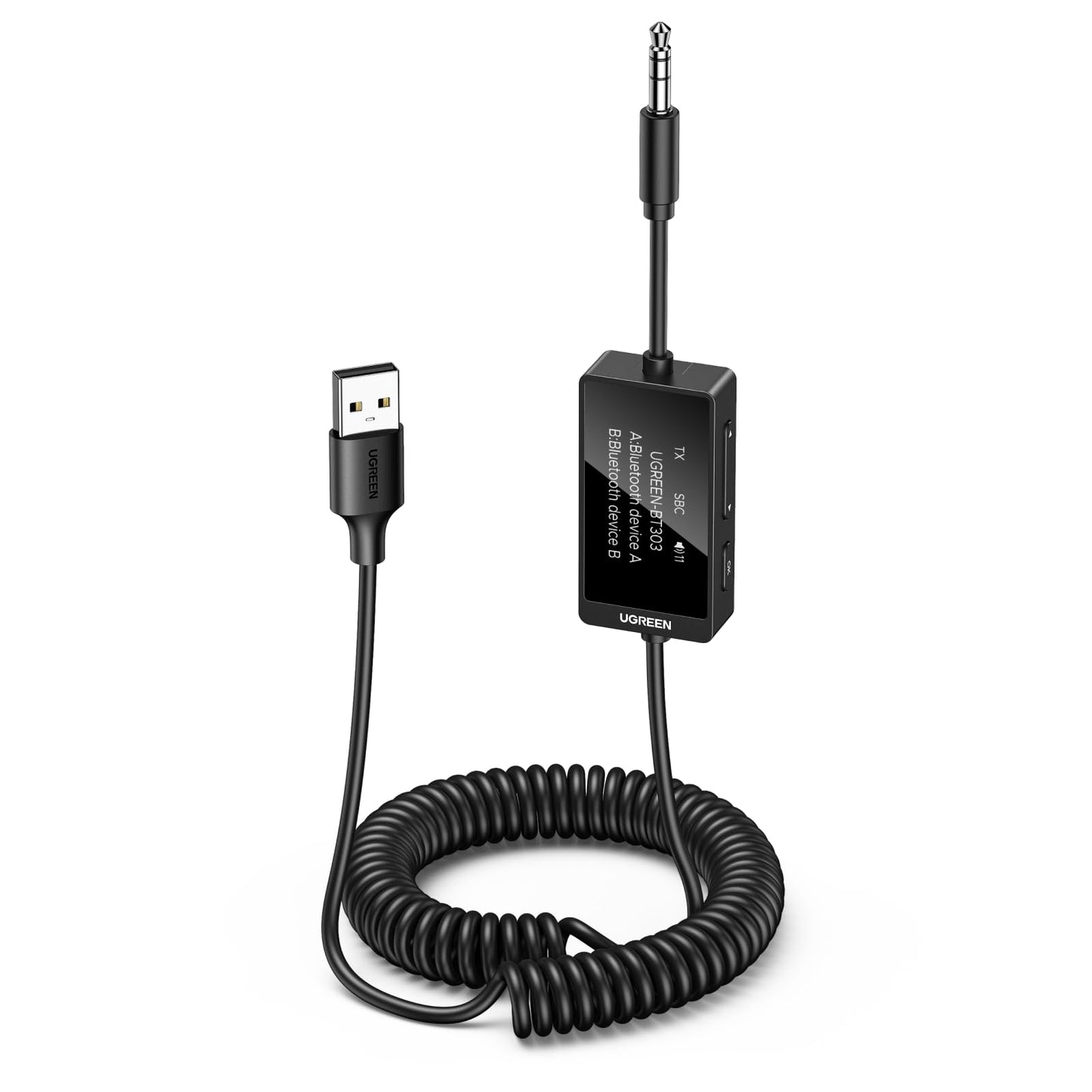 Transmisor Receptor Bluetooth 5.4 UGREEN Negro 2 en 1 para Llamadas Manos Libres y Altavoces de Coche Stereo
