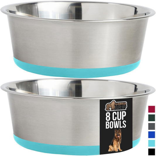 Gorilla Grip Cuencos para Perros de Acero Inoxidable de Primera Calidad, Juego de 2 Unidades, Base de Goma Que Protege los Suelos y Evita Que el Cuenco se deslice, 8 Tazas, Turquesa
