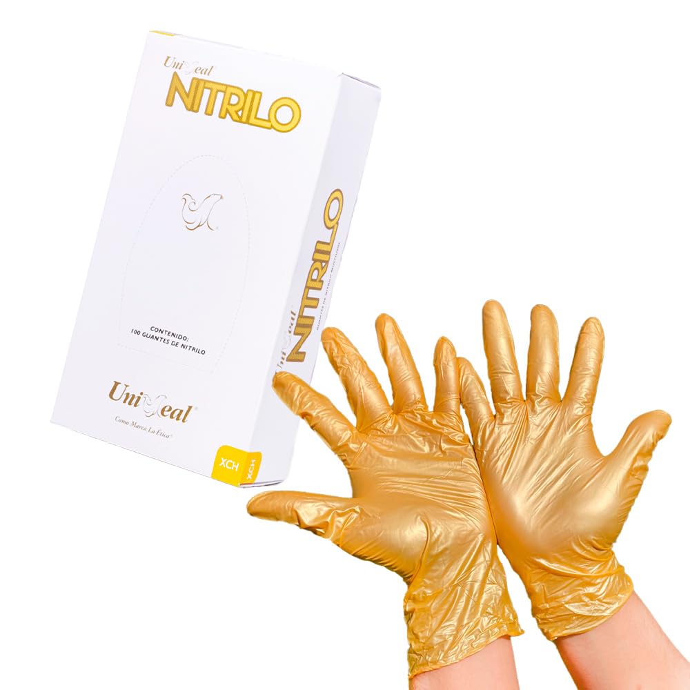 Guante de nitrilo acabado metálico ambidiestro, ajuste perfecto y hergonómico, flexible y cómodo UNISEAL caja con 100 piezas (Dorado, Extra Chico)