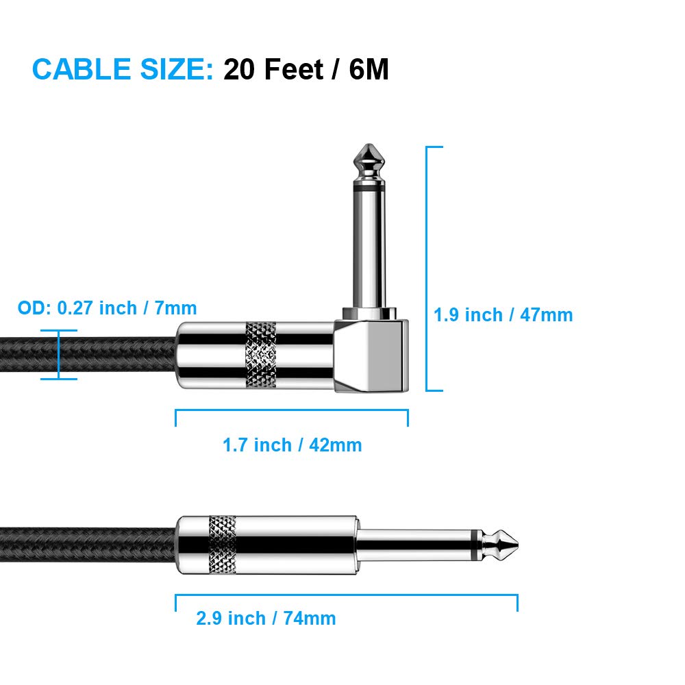 Cable Guitarra de Instrumento,New Bee Eléctrico Amplificador de Bajo,Adaptador de Audio Estéreo Balanceado Macho a Macho Cable Trenzado de Nailon,Accesorios para Instrumentos Musicales(20Pies)