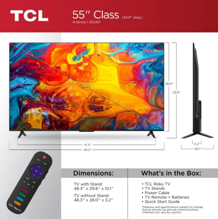 TCL Television de 55 Pulgadas Serie 4 Class 4K 2160p Smart Roku TV HDR Frecuencia de Actualización 60Hz Compatible con Alexa y Google Assistant (Reacondicionado)