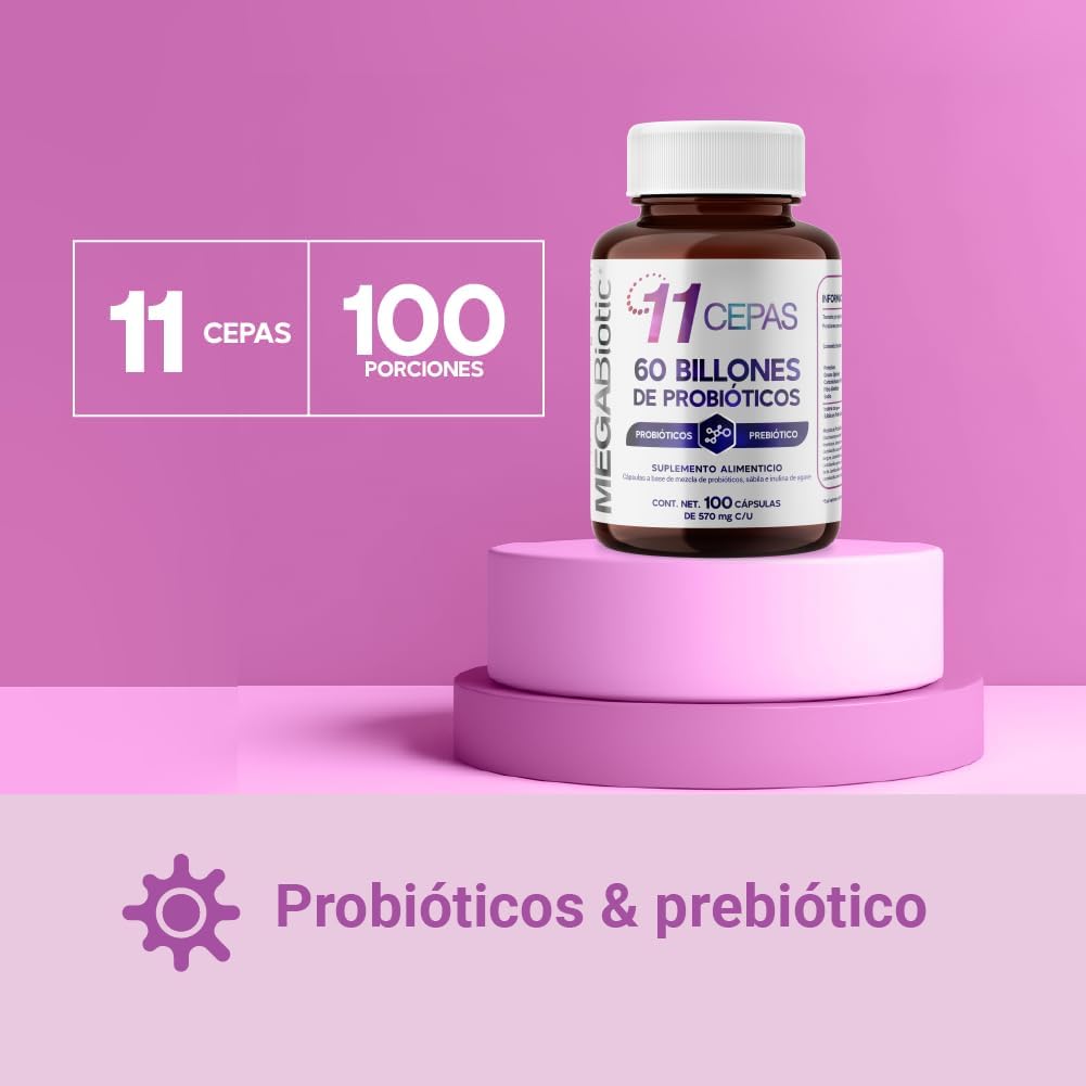 Suplemento Alimenticio MegaBiotic Probióticos 60 Billones 11 Cepas y Inulina de Agave Cont. 100 Caps.