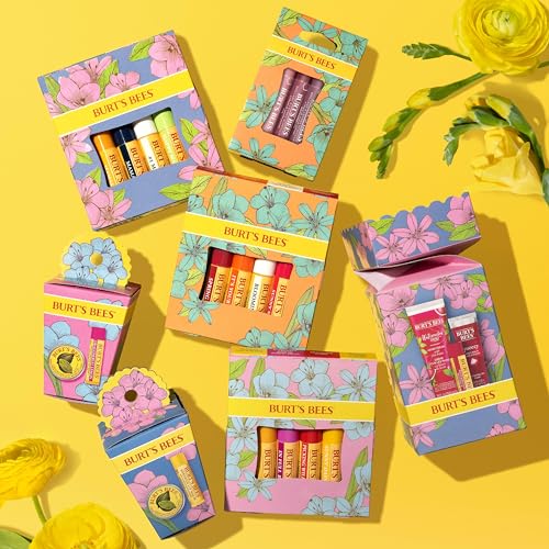 Burt's Bees Lip Balm Spring Gifts, Nourishing Lip Care for All Day Hydration, Balm Bouquet Set - Beeswax, Vanilla Bean, Cucumber Mint & Coconut and Pear, 4 Pack (Packaging May Vary)