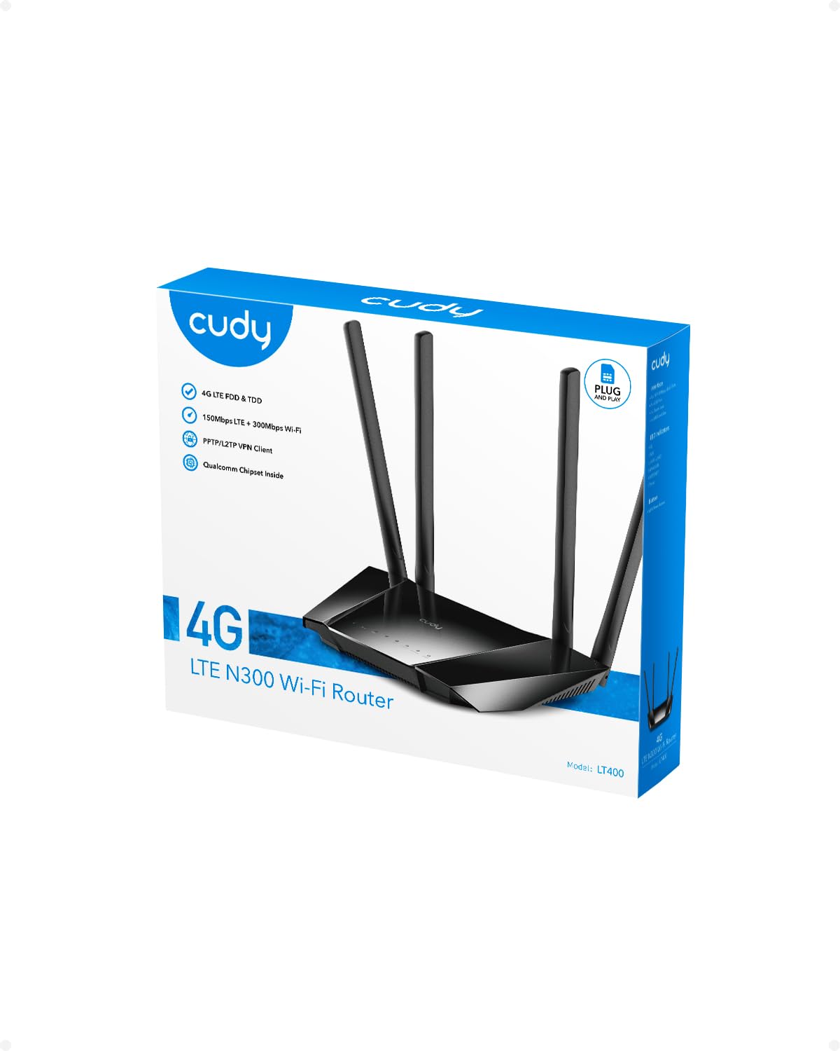 Cudy N300 WiFi desbloqueado 4G LTE Router módem con ranura para tarjeta SIM, WiFi de 300 Mbps, LTE Cat4, EC25-AFX Qualcomm Chipset, 5dBi Antenas de alta ganancia, FDD, DDNS, VPN, Cloudflare, Plug and
