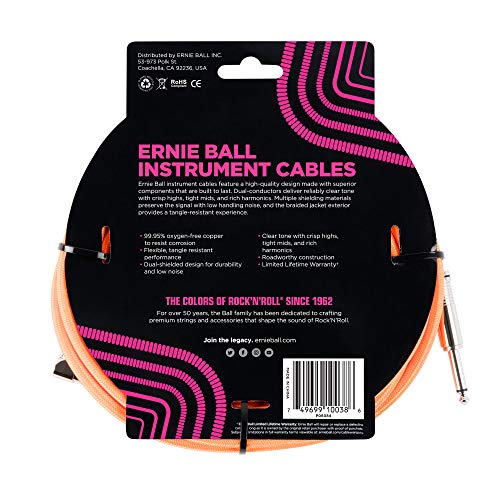 Cable Trenzado para Instrumentos Ernie Ball Naranja Neón 5,4 m Recto Acodado