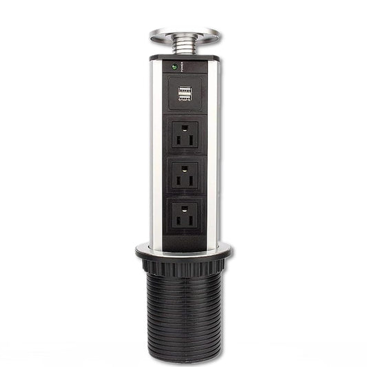 Multifuncion Toma De Corriente Torre para mesa US Plug de aluminio,Shell de tracción Tipo Poping Up 3 Electric Socket 2 puertos USB Cargador potencia computadora de encimera Cocina hogar oficina