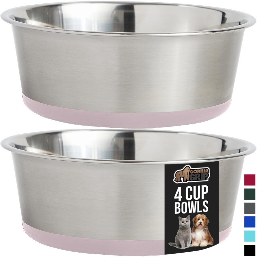 Gorilla Grip Cuencos para Perros de Acero Inoxidable de Primera Calidad, Juego de 2 Unidades, Base de Goma Que Protege los Suelos y Evita Que el Cuenco se deslice, 4 Tazas, Rosa Claro
