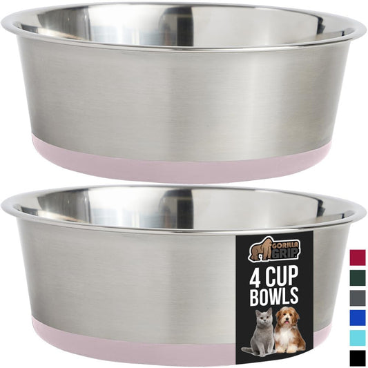 Gorilla Grip Cuencos para Perros de Acero Inoxidable de Primera Calidad, Juego de 2 Unidades, Base de Goma Que Protege los Suelos y Evita Que el Cuenco se deslice, 4 Tazas, Rosa Claro