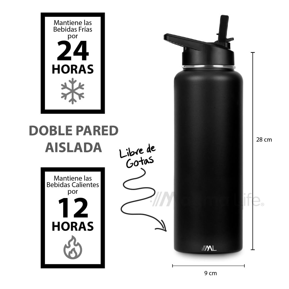 Magma Life Termo para Café y Agua de Acero Inoxidable 40 Oz (1200 ml): Contiene 3 Tapas para Diferentes tipos de Bebidas, Ideal para Mantener la Temperatura Deseada (Black)