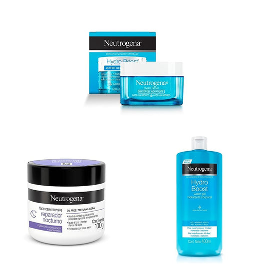 NEUTROGENA Hidratante Facial Hydro Boost Water gel 50 g + atante Facial Reparador Nocturno Neutrogena Face Care Intensive Colageno 100g + oral en gel Neutrogena Hydro Boost Ácido Hialurónico 400 ml