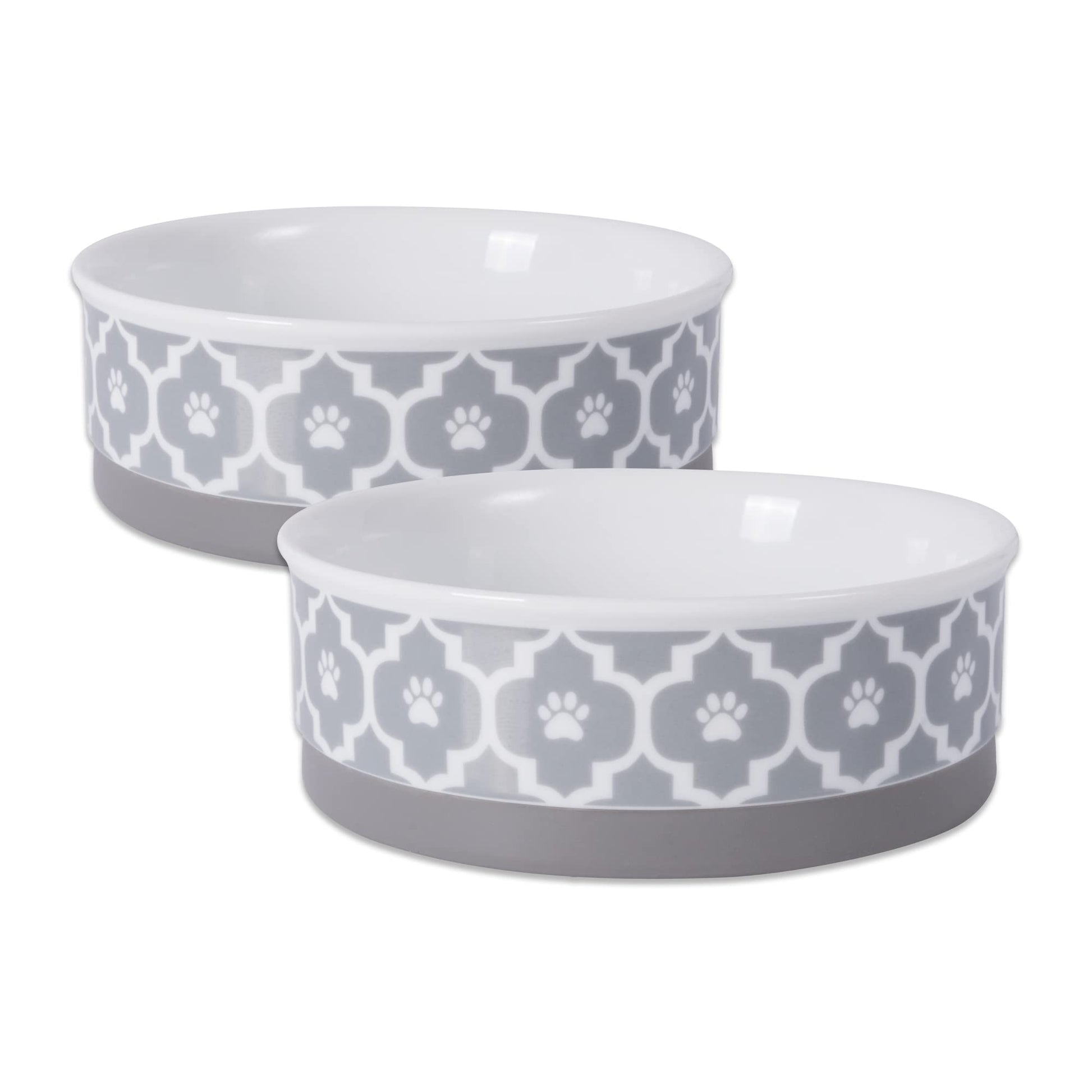 DII Bone Dry Lattice Ceramic Medium Pet Bowl For Food & Water, 6" Dia x 2"H Set of 2, With Non-Skid Silicone Rim for Dogs and Cats-Gray