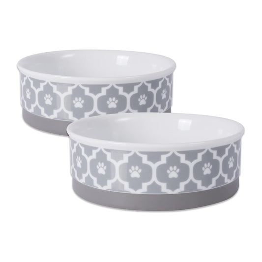 DII Bone Dry Lattice Ceramic Medium Pet Bowl For Food & Water, 6" Dia x 2"H Set of 2, With Non-Skid Silicone Rim for Dogs and Cats-Gray