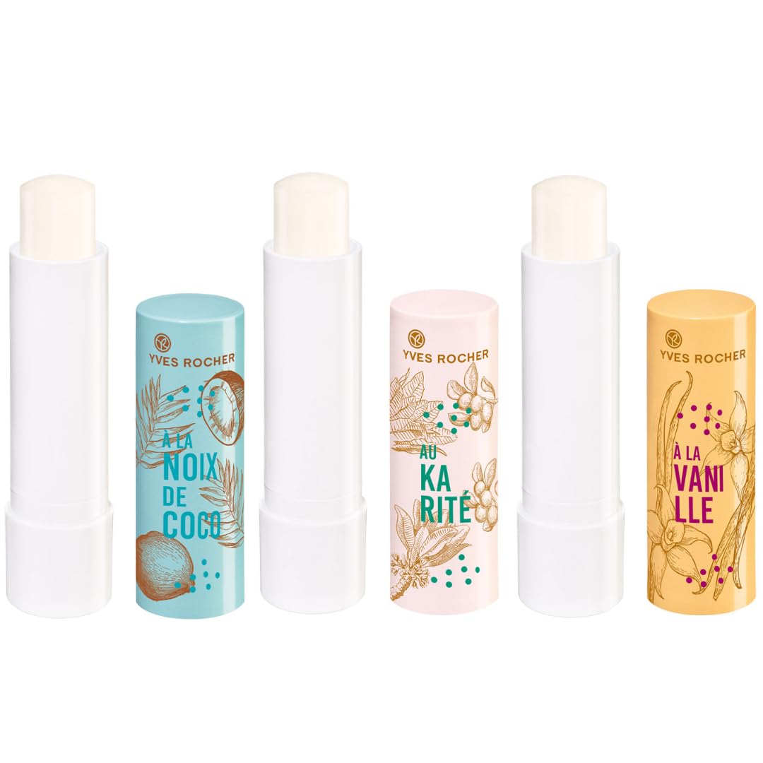 Yves Rocher 3 PACK de Bálsamos humectantes para labios, con Vitamina E y Aceites naturales, sin color: 1 Labial aroma a COCO + 1 Labial aroma KARITÉ + 1 Labial aroma Vainilla (4.8g C/U)