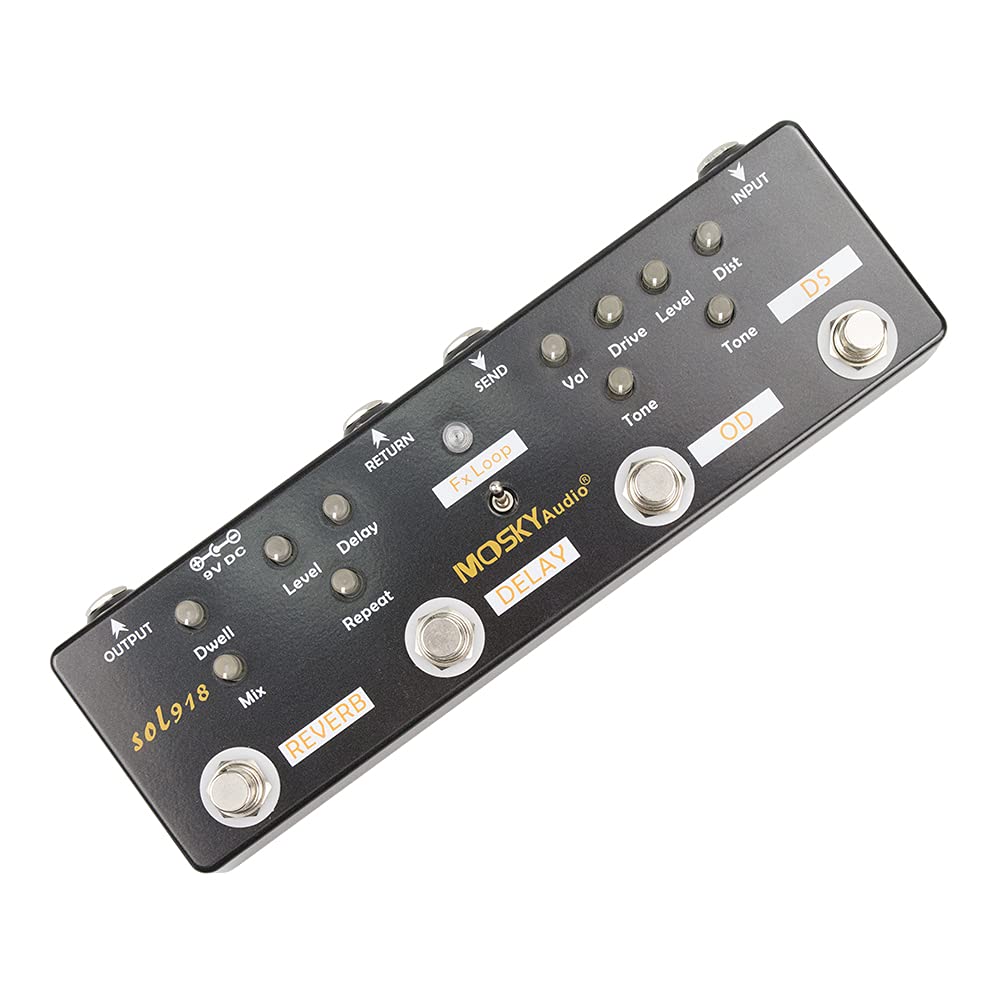 Pedal Multiefectos Moskyaudio Negro 5 en 1 con Distorsión, Sobremarcha, Reverberación y Retardo Sol 918