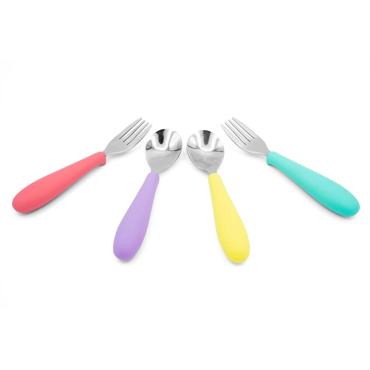 321 Grow • Juego de cuchara y tenedor Eat with Me • Utensilios seguros para niños y niños • Juego de 4 piezas • Acero inoxidable con mango de silicona • 12 meses + (medianoche)