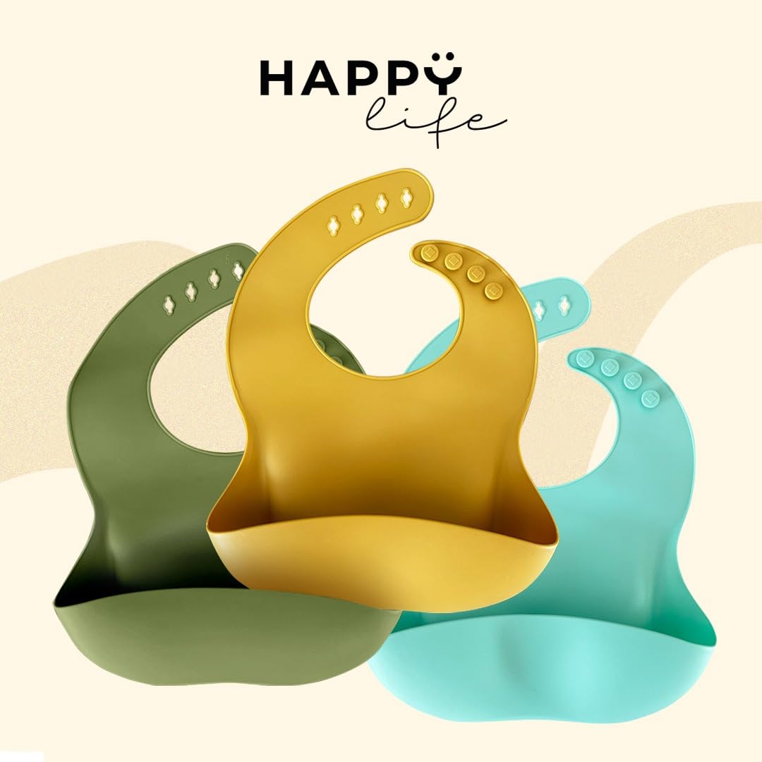 HAPPY LIFE baberos para bebe de silicona suave grado alimenticio, set 3 baberos impermeables, BPA FREE, para alimentacion complementaria de bebé (niña I niño)