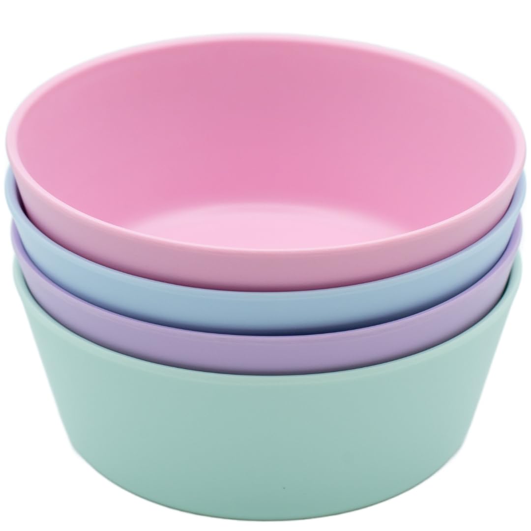 WeeSprout - Cuencos de bambú para niños, juego de cuatro cuencos de bambú de tamaño infantil, aptos para lavaplatos (azul pastel, menta, morado y rosa)