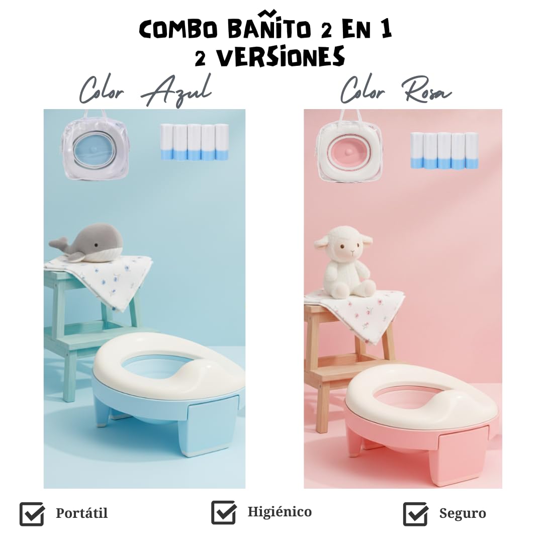 Baño Entrenador Niño 2 en 1 (Bacinica Portátil y Asiento de Inodoro). Para Potty Training. Plegable, Fácil y Seguro, Ideal para Casa, Viajes, Camping. Incluye: Maletita, 5 Rollos de Bolsas (Azul)