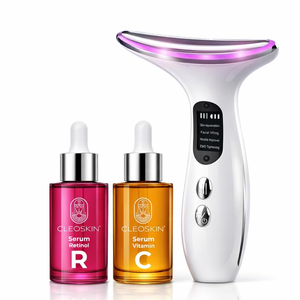 CLEOSKIN Kit Masajeador de Cuello con Fototerapia LED y EMS | Incluye 3 Serums Faciales (Vitamina C, Ácido Hialurónico con Niacinamida y Oro 24K, 30 ml c/u) | Antiedad, Hidratante y Reafirmante