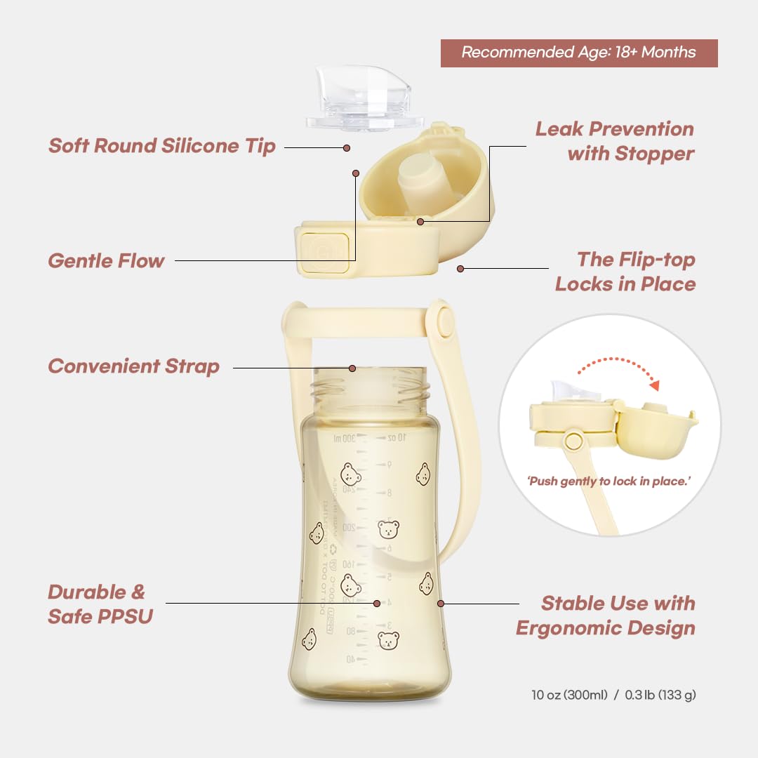 GROSMIMI - Vaso de agua de flujo lento para niños pequeños, sin BPA, 10 onzas (PPSU, oliva)