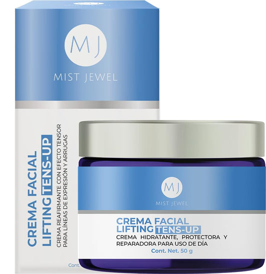 MIST JEWEL Crema TENS-UP Facial con Postbióticos marinos, Ácido Hialurónico, Caviar Verde y Q10 | Crema tensora efecto lifting e hidratante de cuidado facial para uso de día y noche skin care hombre y mujer. Todo tipo de piel 50g