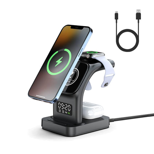 AHED Cargador Inalámbrico Magnético 5 en 1, Estación de Carga de 15W con Luz LED, Compatible con Magsafe, Adecuado para iPhone 15/14/13/12/11/10/9/8/SE/Pro/ProMax/Mini, AirPods, iWatch (Negro)