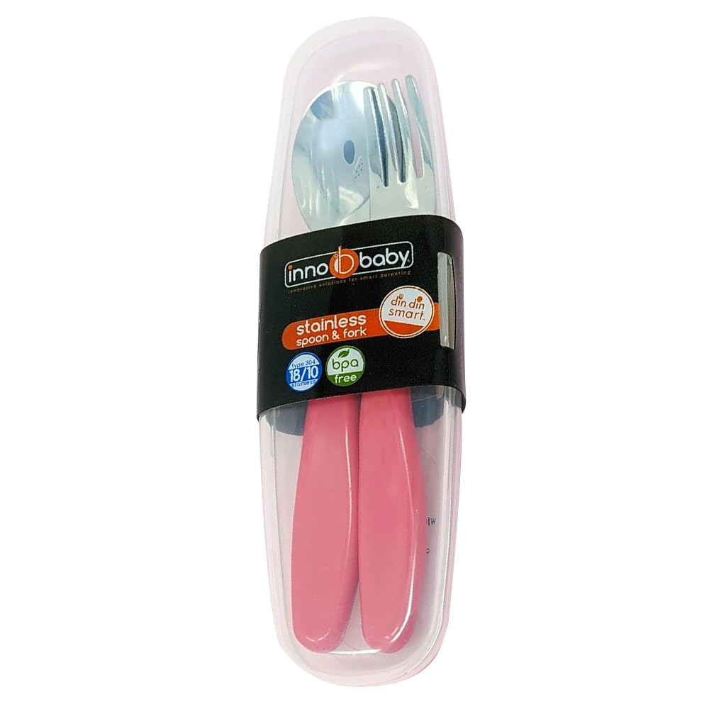 Innobaby Din Din Smart EZ Grip Cuchara y tenedor con estuche de transporte, juego de utensilios para niños y niños, sin BPA (rosa)