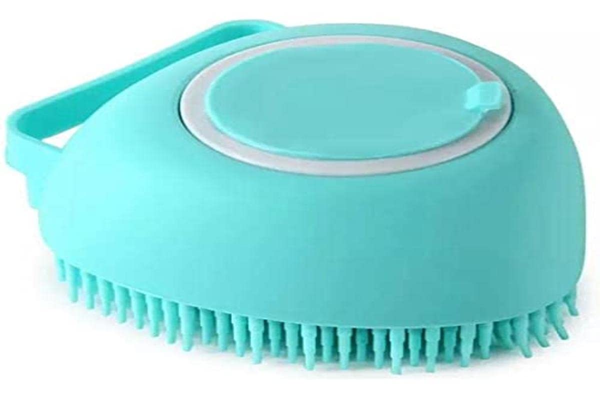 Cepillo de baño para perros y gatos, cepillo de champú de silicona suave, cepillo de masaje para mascotas, cepillo de ducha de aseo, cepillo de masaje para cachorros, dispensador de champú. (Corazon Azul)