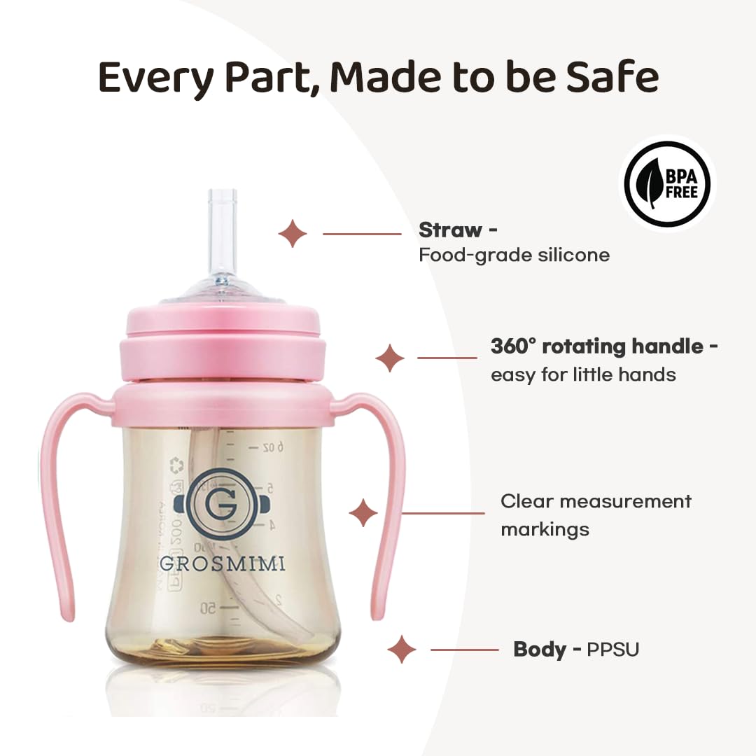 GROSMIMI - Taza mágica sin derrames a prueba de derrames con pajita con asa para bebés y niños pequeños, personalizable, sin BPA, 6 onzas (blanco)