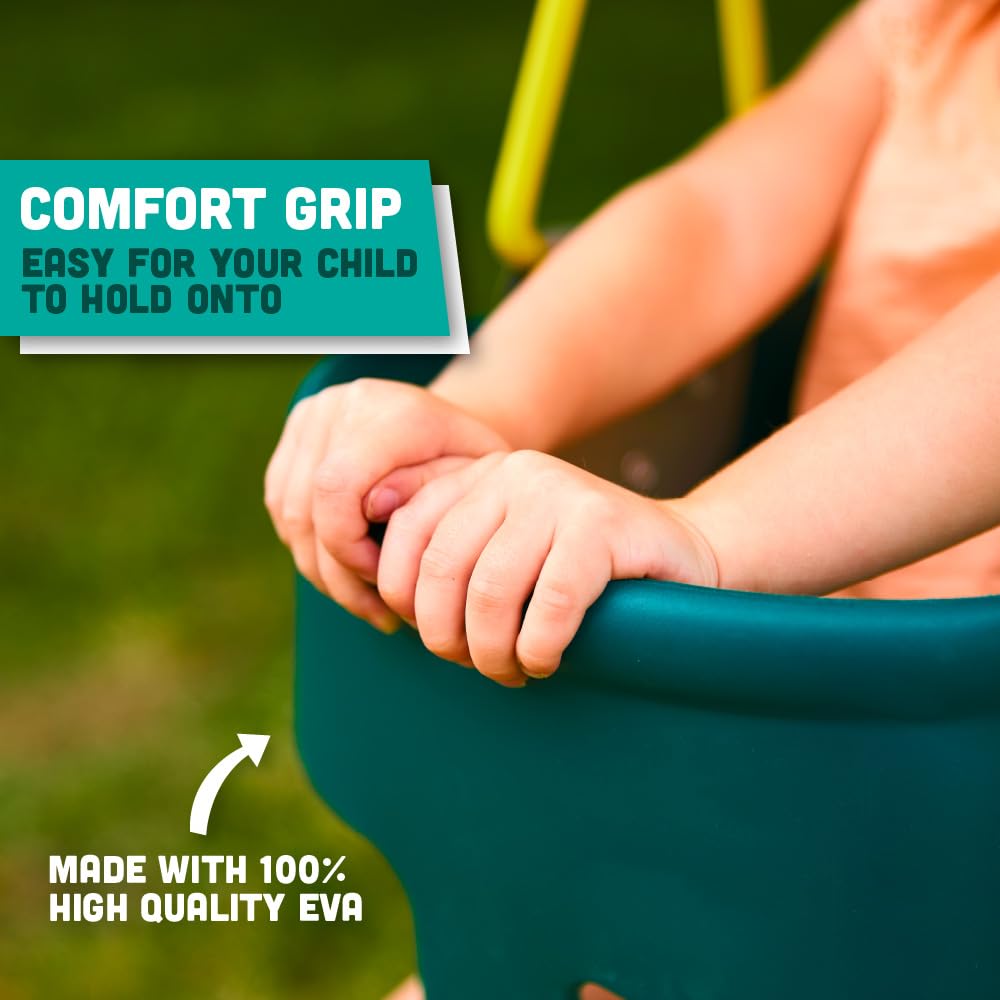 Asiento Oscilante de Alta Calidad con Respaldo Alto para Niños Pequeños Verde con Cadenas Revestidas de Plástico y Mosquetones para Fácil Instalación