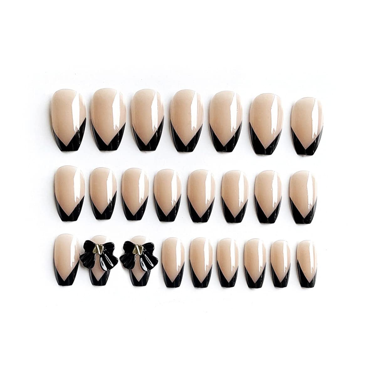Black French Tip Press on Nails, Beige Nude Coffin Medium Length Black Bowknot Fake Nails,Full Cover Ballerina Artificial Acrylic Nai Tips,24 Pcs Stick on Nails with Designs