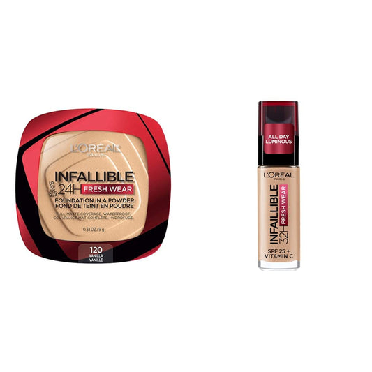 L´Oréal Paris, Base de maquillaje en polvo de larga duración, Infallible 24h Freshwear, Tono120 Vanilla, 9gr + L´Oréal Paris, Base de maquillaje líquida de larga duración,Tono 125 Natural Beige, 30ml
