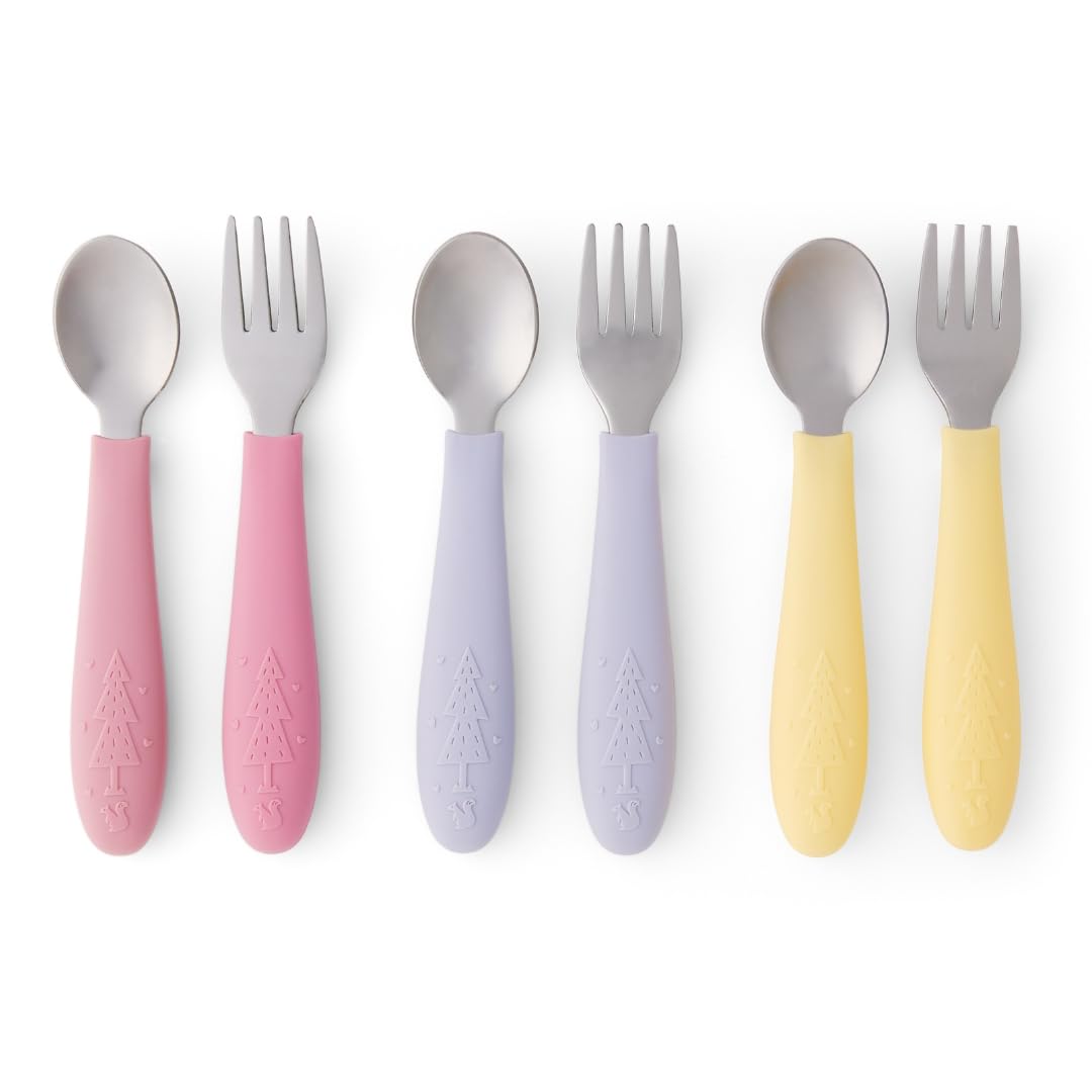 Elk and Friends - Cubiertos para niños con mango de silicona | Cubiertos seguros para niños | Utensilios para niños pequeños | Cucharas + tenedores | Cubiertos de acero inoxidable | Apto para