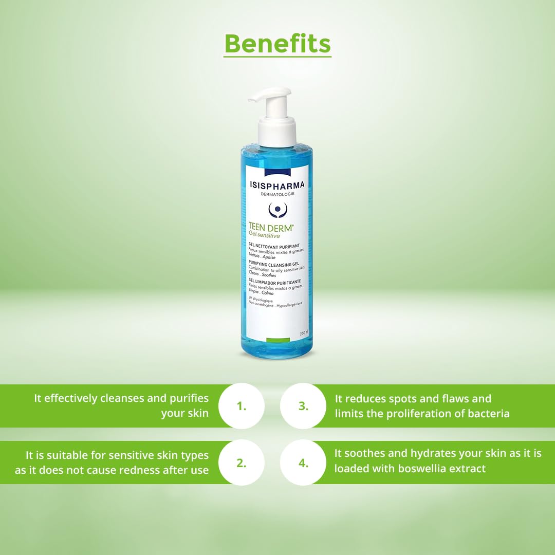 Isispharma Teen derm Gel Sensitive 250 ml, gel de limpieza para pieles grasas o mixtas