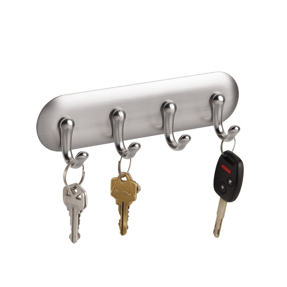 InterDesign 54540 Repisa Autoadherente con Ganchos para Cocina, Oficina, Entrada, 4 ganchos, Nickel Cepillado