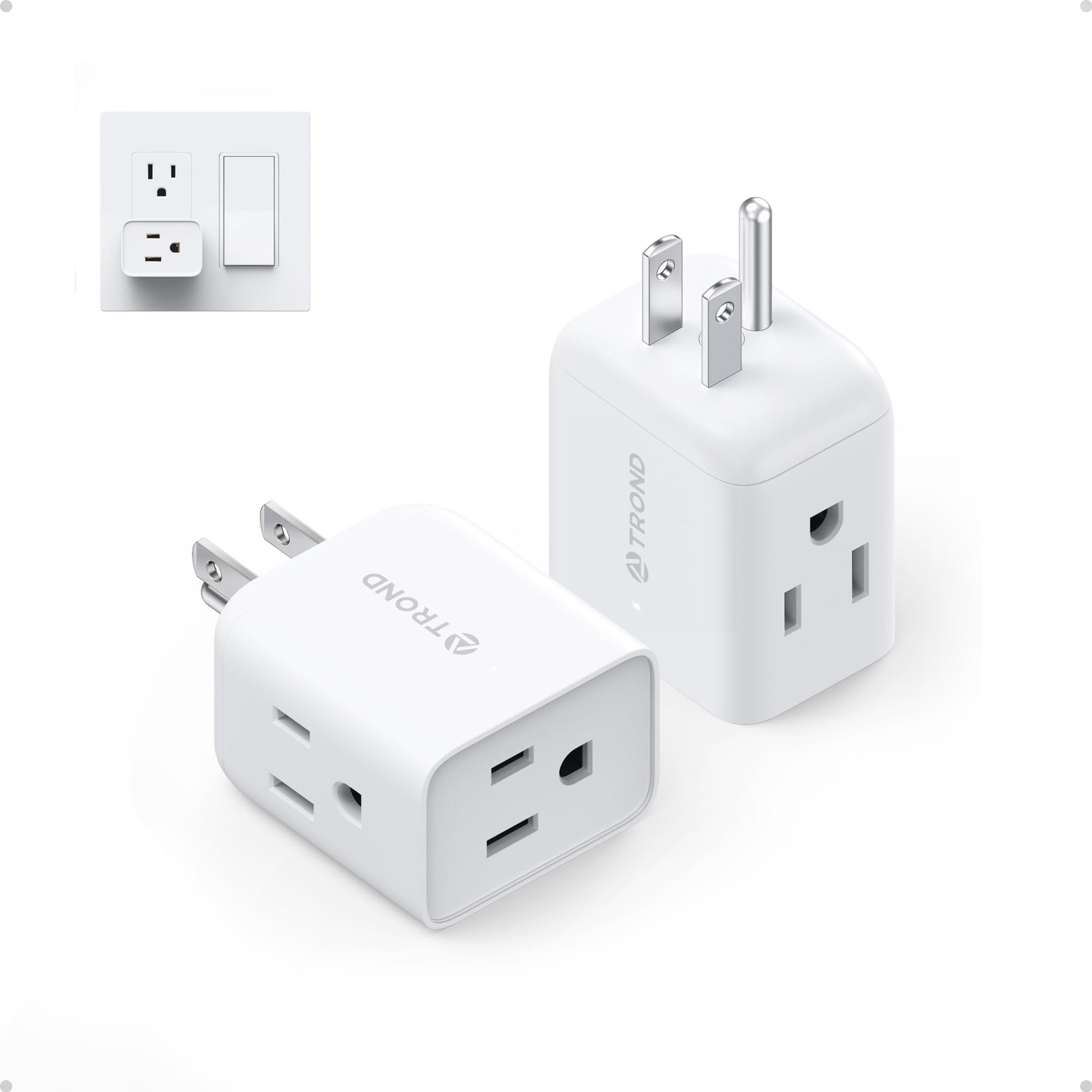 TROND Extensor de enchufe múltiple, Paquete de 2 divisores de toma de pared eléctricos, extensor de enchufe de 3 vías, adaptador de enchufe múltiple para mini enchufe de pared