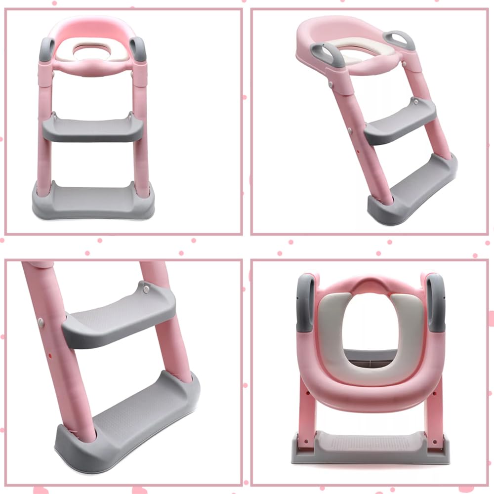 Jiula Asiento Entrenador para Baño con Escalera Antideslizante, Baño Entrenador Niño, Plegable Escalera para Baño Niños, Fácil de Guardar, Asiento Ergonómico, Edad de 3 a 10 Años, Tapizado, Rosa
