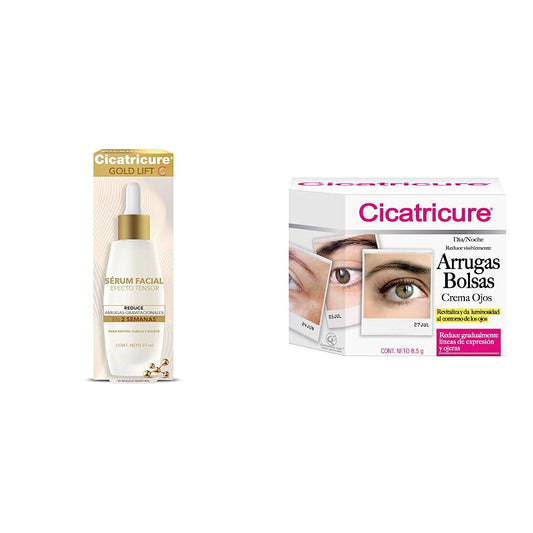 Cicatricure GOLD LIFT Serum Facial, con EFECTO TENSOR para rostro, cuello y escote + CREMA OJOS, Arrugas y Bolsas
