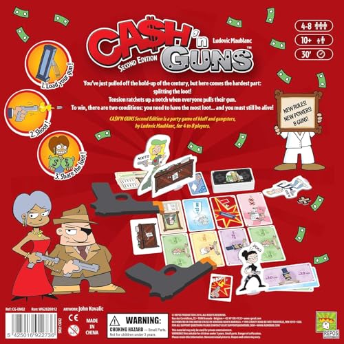 Cash 'N Guns Second Edition Party, juego de mesa de estrategia de robo de dinero, juego de gángster para adultos y niños, edades de 10 años en adelante, 4 a 8 jugadores, tiempo de juego promedio de 30 minutos, hecho por Repos Production