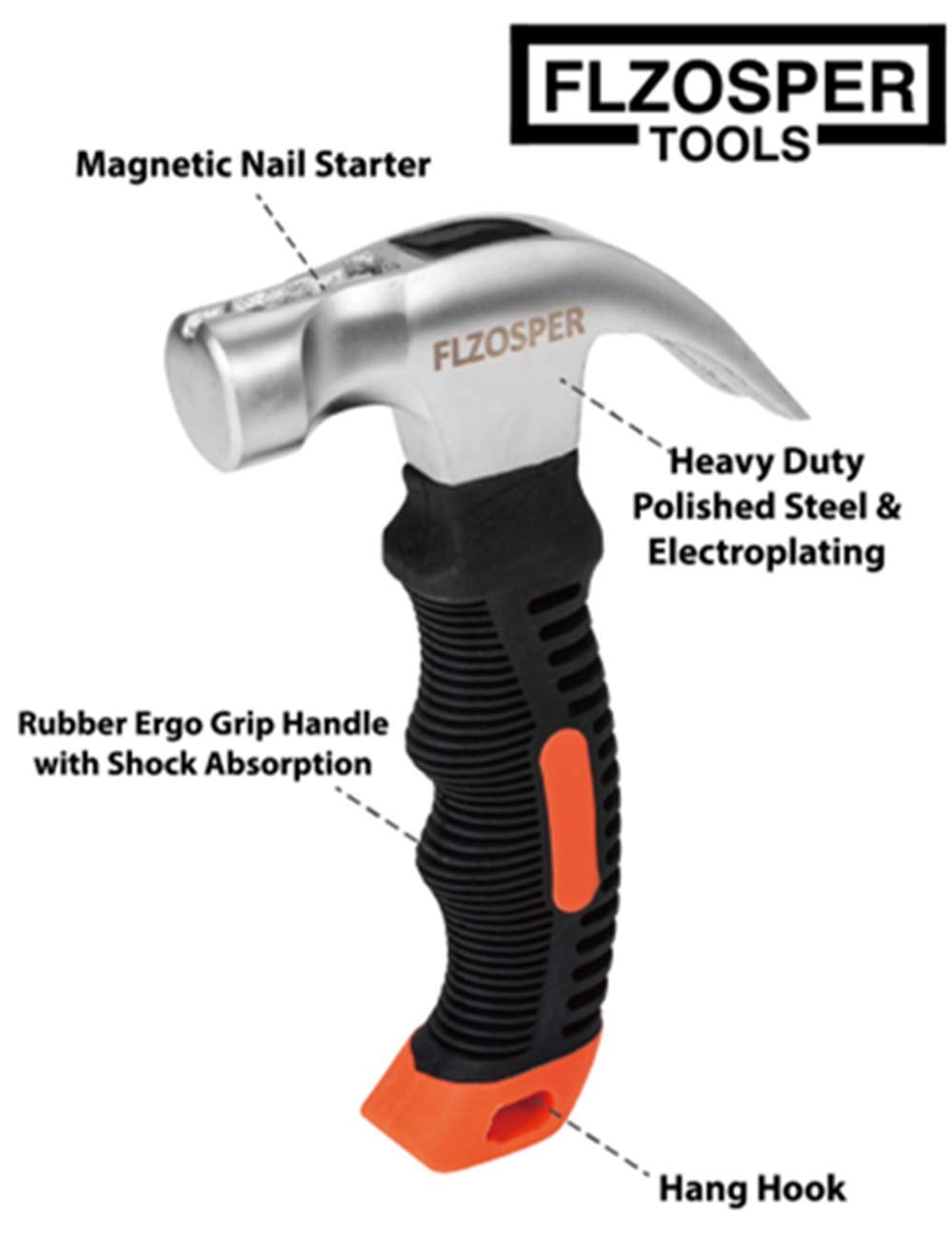 FLZOSPER - Martillo de garra rechoncho de 8 onzas con iniciador de uñas magnético, cabeza de acero pulido resistente, mango de goma Ergo, mini martillo para el hogar, bricolaje, camping, niños,