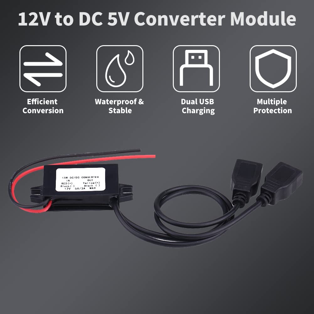 Keenso Waterproof DC Converter 3A DC 12V a DC 5V Adaptador de cargador USB dual Módulo convertidor Adaptador de corriente dual Convertidor DC a DC Módulo de fuente de