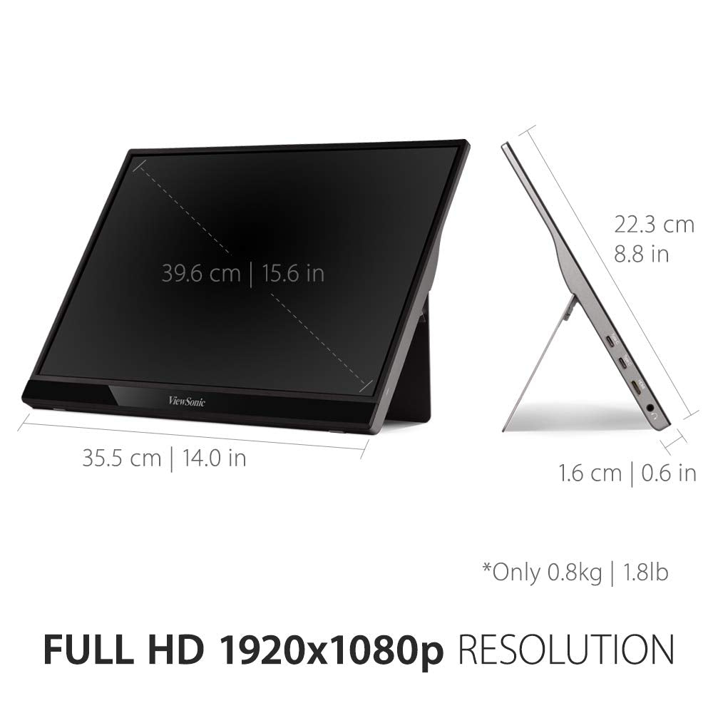 Viewsonic VG1655 - Monitor portátil 15,6" FullHD con 2 Vías USB-C de 60 W, Cuidado de los Ojos, Altavoces Dales, Diseño sin Marco y Soporte Integrado con Cubierta, Negro