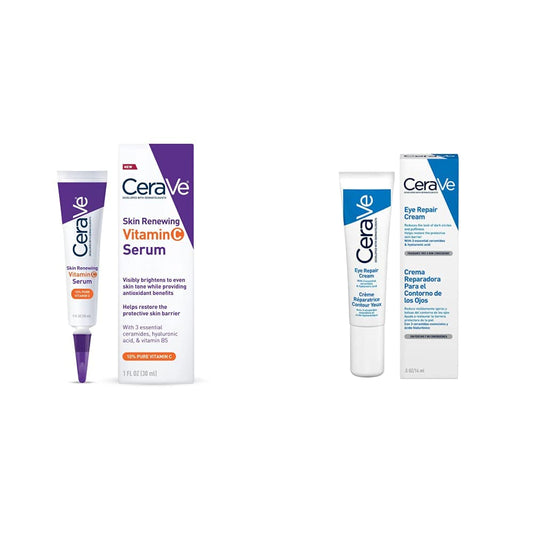 CeraVe - Sérum de vitamina C con ácido hialurónico | Sérum iluminador de piel para rostro con un 10% de vitamina C pura | Sin fragancia | 1 onza Oz + Crema Reparadora para el Contorno de Ojos |14gr