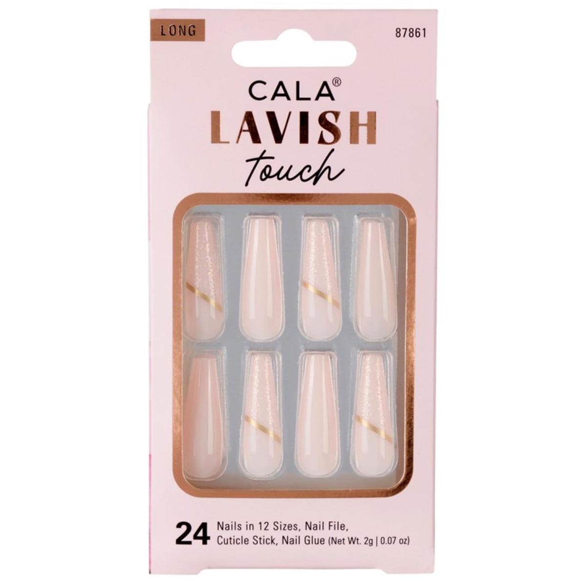 CALA - "Lavish Touch" uñas postizas largas (24 uñas en 12 tamaños, color rosa claro y con brillo)