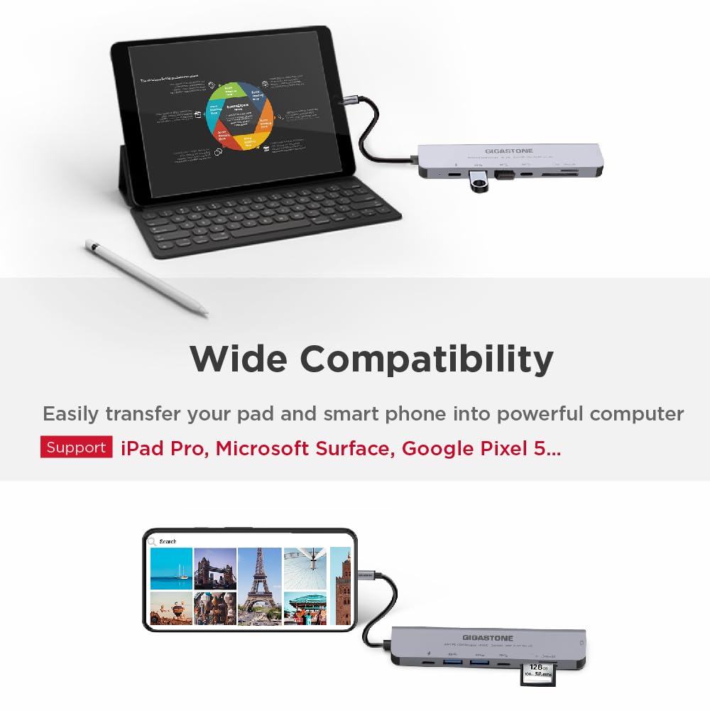 GIGASTONE Adaptador multipuerto 7 en 1 para iPad, MacBook Pro Air con divisor HDMI 4K, Thunderbolt PD 100W, lector SD/microSD, dongle para iPhone 15, Chromebook, Surface, Tab S9, Zenbook, XPS