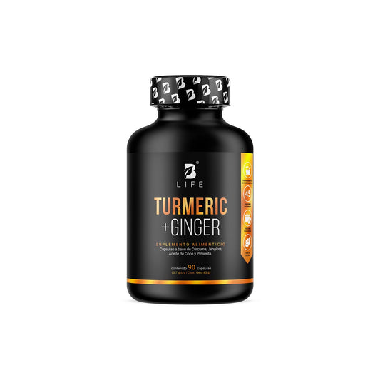 Cúrcuma + Jengibre 90 Cápsulas 1400 mg por porción. Adicionado con Aceite de Coco. Ingredientes naturales. Turmeric + Ginger B Life