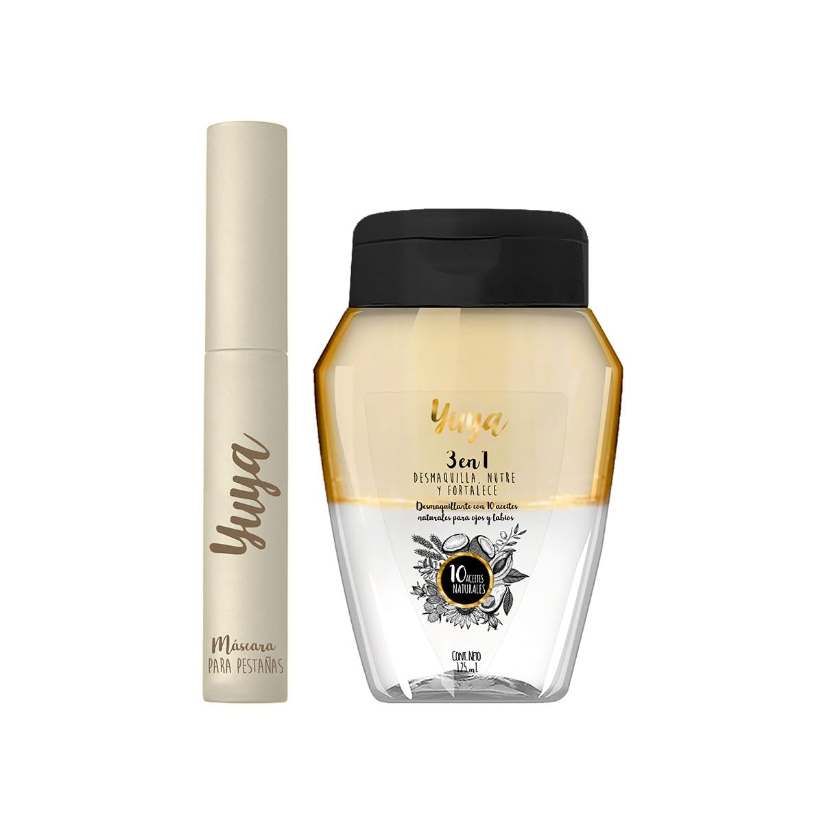 YUYA Frecuencia Set Pestañas Largas y Definidas - Máscara a Prueba de Agua 10 Aceites Naturales (10g) + Desmaquillante Bifásico 3 en 1 (250 ml) - Hidratación, Nutrición, Remueve Maquillaje - Ideal para Ojos Sensibles
