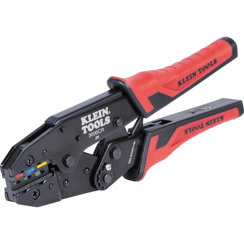 Klein Tools 3007CR - Herramienta de crimpado para conectores termoencogibles, crimpadora de terminales de carraca, alambre de cobre trenzado de 10 a 22 AWG, ciclo completo, 3 cavidades