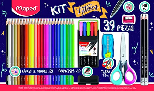 Maped - Set de Coloreo Lettering 39 piezas: 24 Colores, 10 Rotuladores finos, 1 tijera, 1 goma, 1 sacapuntas, 2 lápices de grafito sin madera