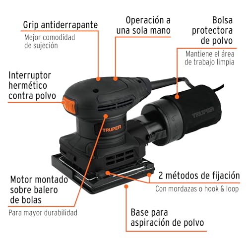 Lijadora Orbital Truper Naranja 300 W Diseño Compacto Grip Antiderrapante